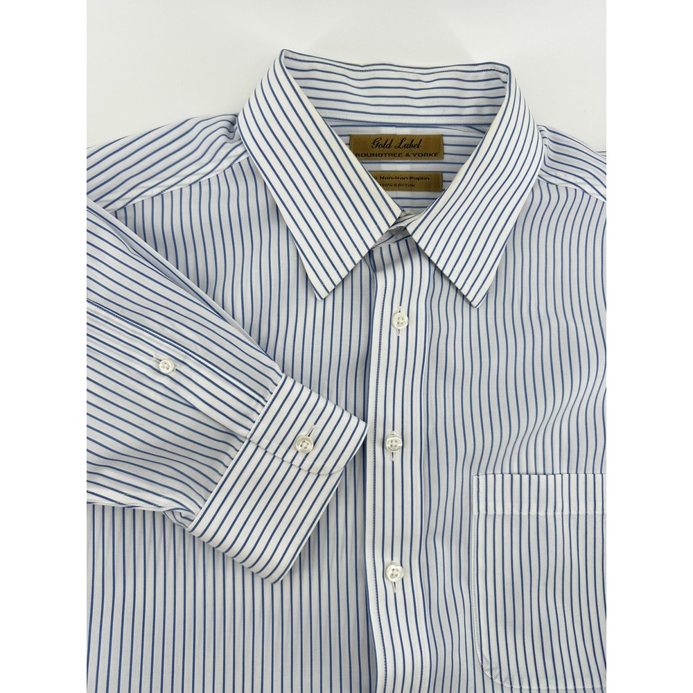 Roundtree & Yorke Gold Label Dress Shirt Mens 16.5-35 White Blue Stripes No Iron